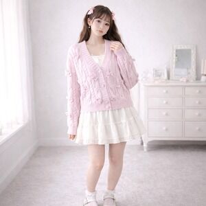 CIDER Coquette Pink Bow Cable Knit Cardigan Soft Girl Kawaii Size M